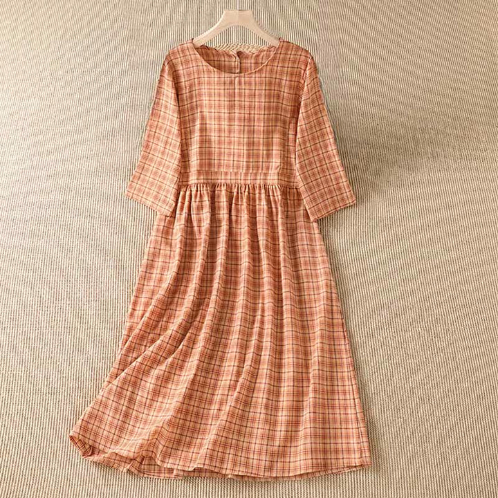 Buddha Stones Vestido de mujer informal de verano con estampado vintage a cuadros, manga tres cuartos y bolsillo. - Sandy Brown - US12, UK/AU16, EU44 (2XL) - image 0