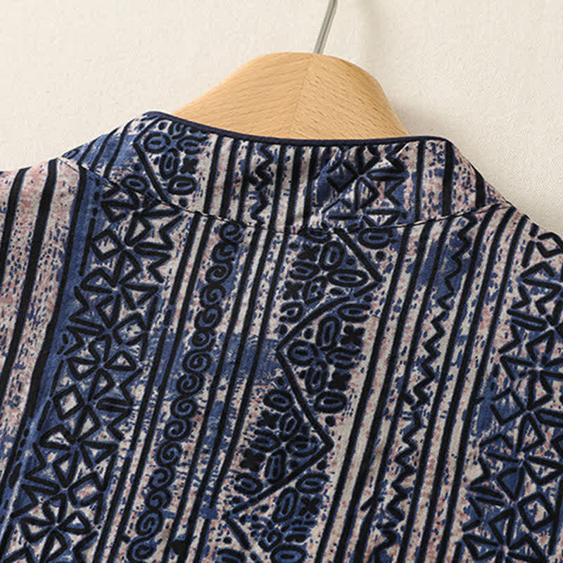 Buddha Stones Vestido de mujer estilo bohemio con cuello mandarín y estampado geométrico, manga tres cuartos y bolsillo. - image 3
