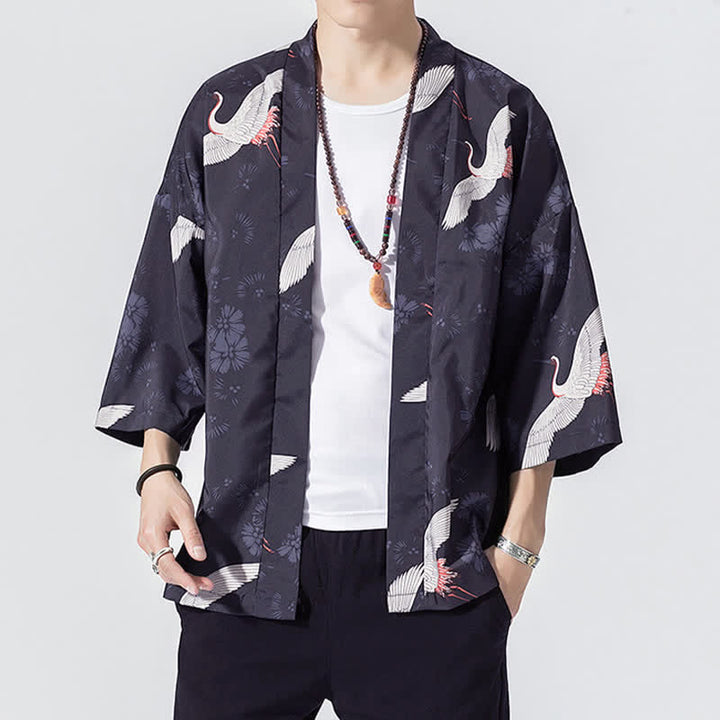 Buddha Stones Kimono de verano informal vintage con estampado de olas y grullas, estilo kimono para hombre. - Índigo - US/UK/AU46, EU56 (5XL) - image 3