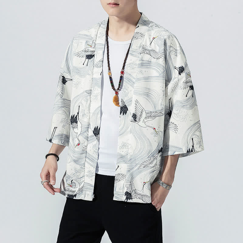 Buddha Stones Kimono de verano informal vintage con estampado de olas y grullas, estilo kimono para hombre. - image 15