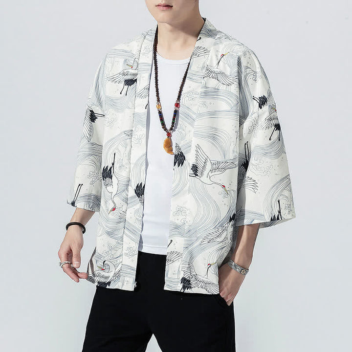 Buddha Stones Kimono de verano informal vintage con estampado de olas y grullas, estilo kimono para hombre. - image 15