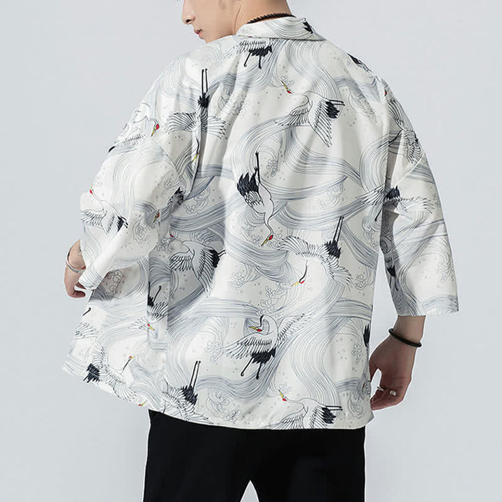 Buddha Stones Kimono de verano informal vintage con estampado de olas y grullas, estilo kimono para hombre. - image 17