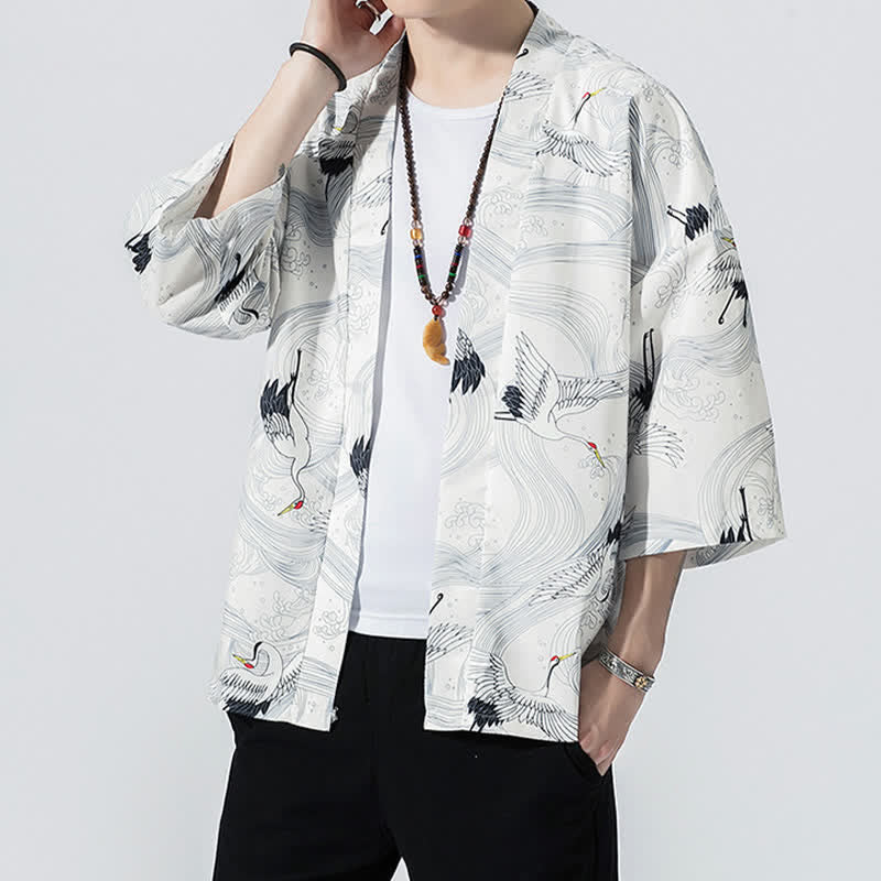 Buddha Stones Kimono de verano informal vintage con estampado de olas y grullas, estilo kimono para hombre. - image 16