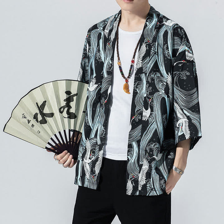 Buddha Stones Kimono de verano informal vintage con estampado de olas y grullas, estilo kimono para hombre. - Marina de guerra - US/UK/AU46, EU56 (5XL) - image 0