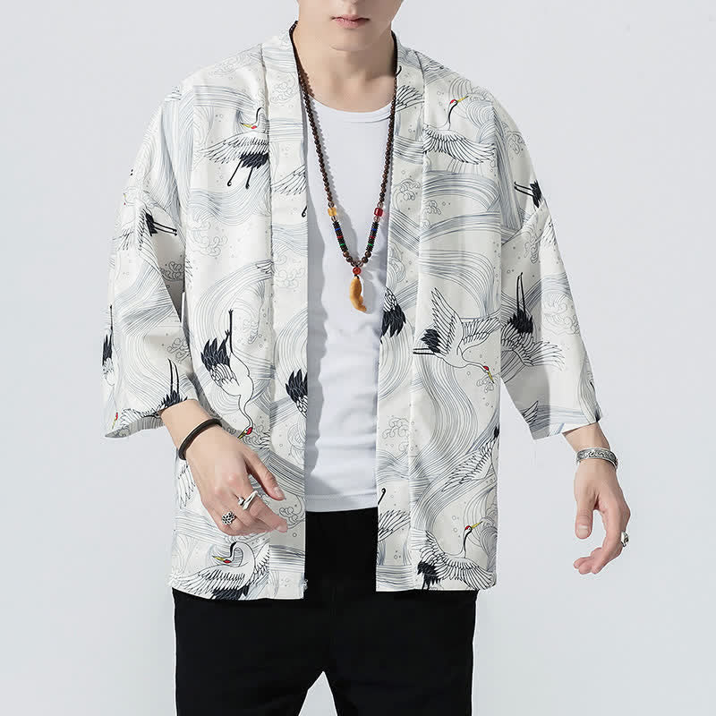 Buddha Stones Kimono de verano informal vintage con estampado de olas y grullas, estilo kimono para hombre. - image 14