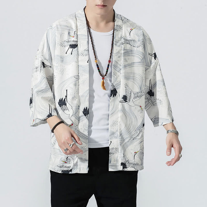 Buddha Stones Kimono de verano informal vintage con estampado de olas y grullas, estilo kimono para hombre. - image 14