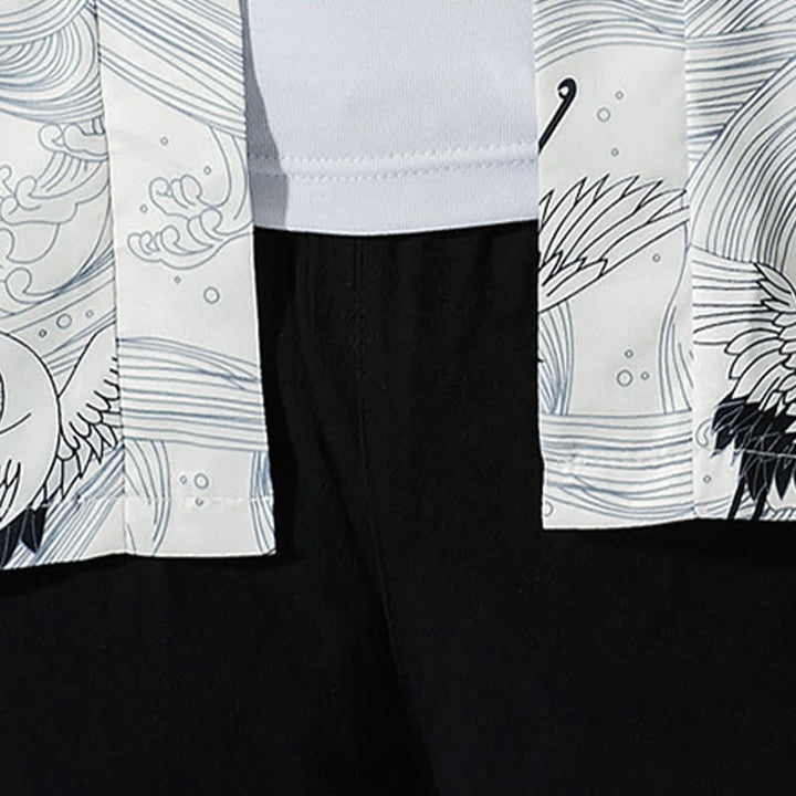 Buddha Stones Kimono de verano informal vintage con estampado de olas y grullas, estilo kimono para hombre. - image 18