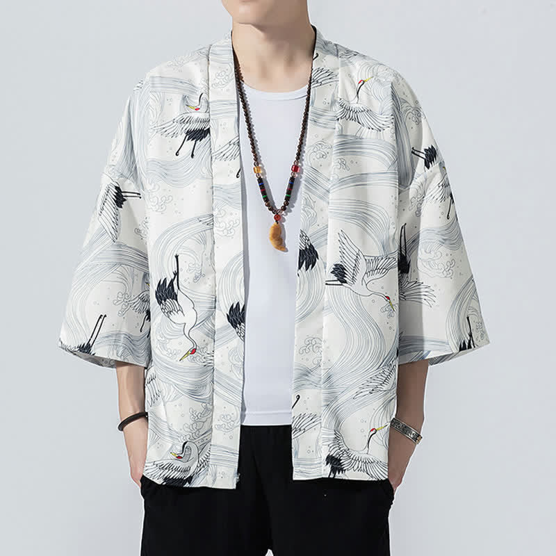 Buddha Stones Kimono de verano informal vintage con estampado de olas y grullas, estilo kimono para hombre. - Blanco - US/UK/AU46, EU56 (5XL) - image 13