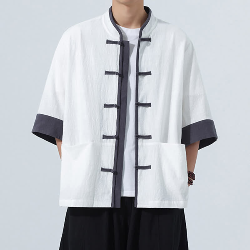 Buddha Stones Camisas de manga corta de algodón liso para hombre, estilo Tang, con botones de rana, de verano y bolsillo. - Blanco - US/UK/AU46, EU56 (5XL) - image 23