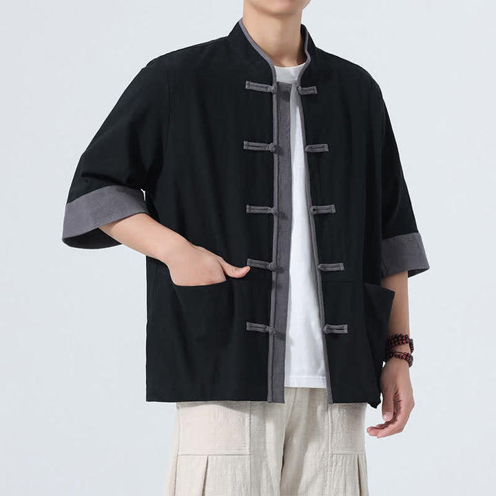 Buddha Stones Camisas de manga corta de algodón liso para hombre, estilo Tang, con botones de rana, de verano y bolsillo. - image 20