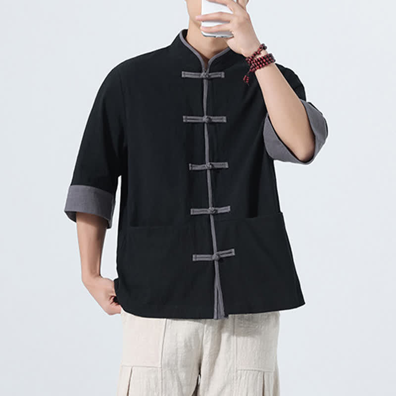 Buddha Stones Camisas de manga corta de algodón liso para hombre, estilo Tang, con botones de rana, de verano y bolsillo. - image 21