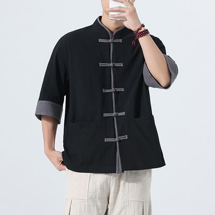 Buddha Stones Camisas de manga corta de algodón liso para hombre, estilo Tang, con botones de rana, de verano y bolsillo. - image 21