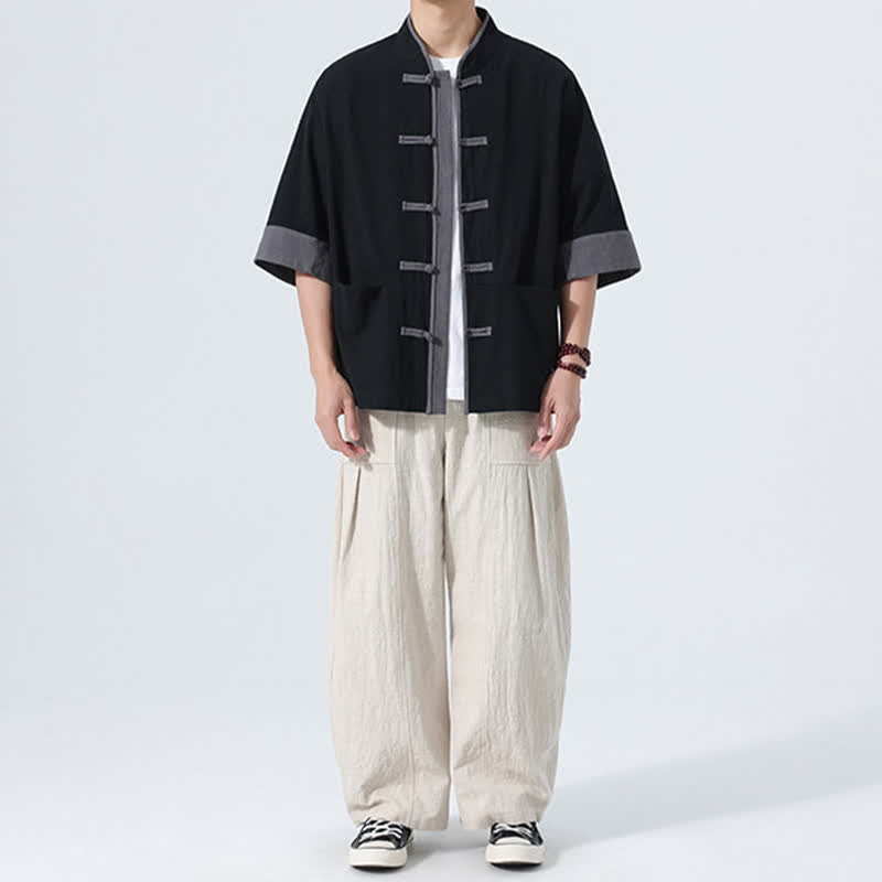 Buddha Stones Camisas de manga corta de algodón liso para hombre, estilo Tang, con botones de rana, de verano y bolsillo. - image 22