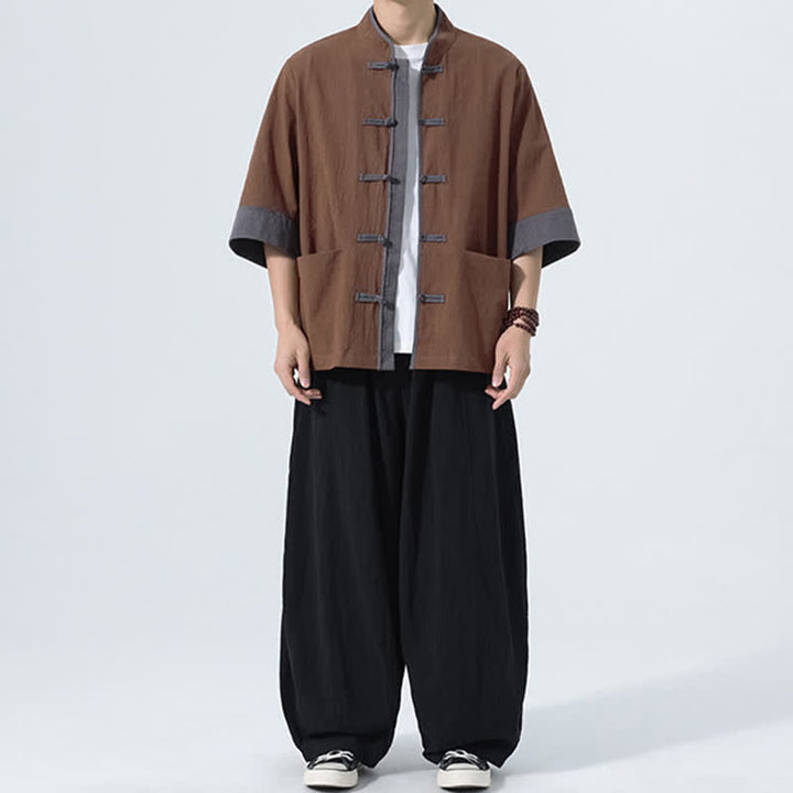 Buddha Stones Camisas de manga corta de algodón liso para hombre, estilo Tang, con botones de rana, de verano y bolsillo. - image 14