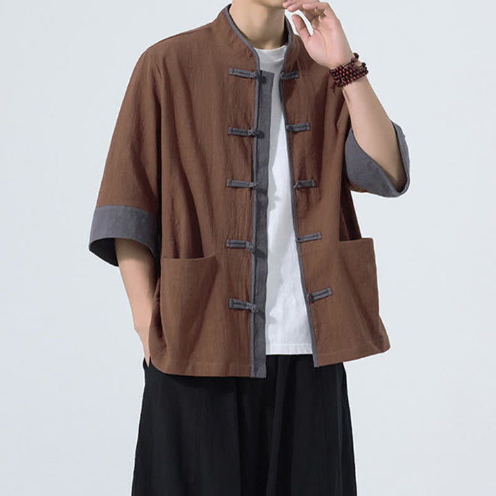 Buddha Stones Camisas de manga corta de algodón liso para hombre, estilo Tang, con botones de rana, de verano y bolsillo. - image 13