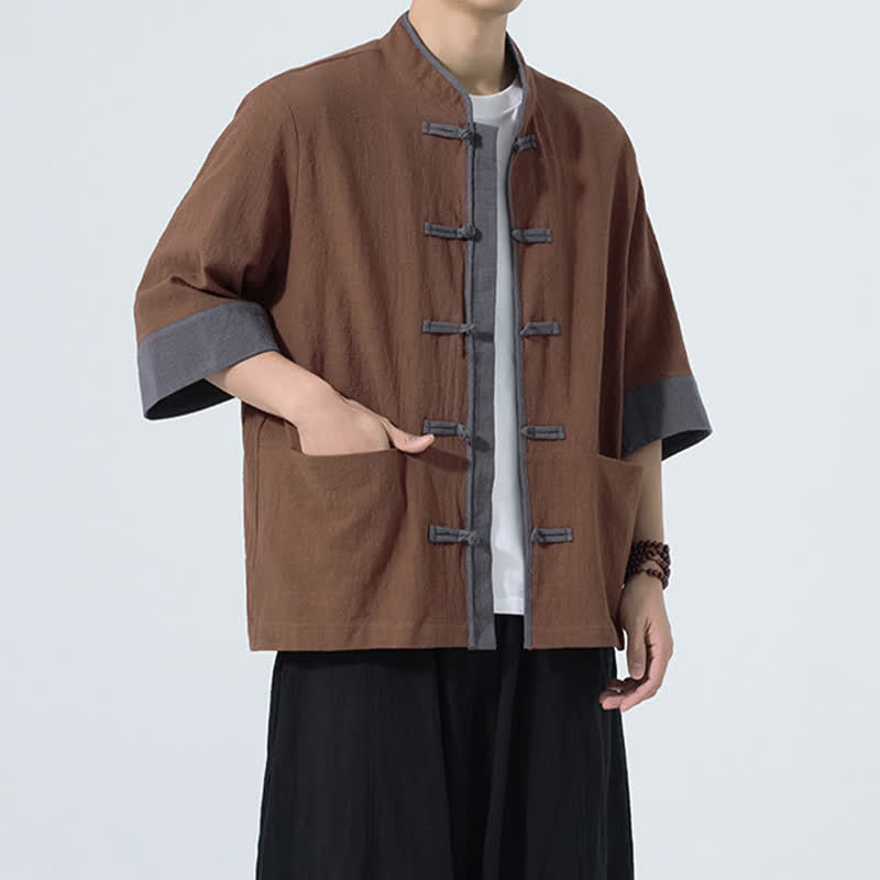 Buddha Stones Camisas de manga corta de algodón liso para hombre, estilo Tang, con botones de rana, de verano y bolsillo. - image 12