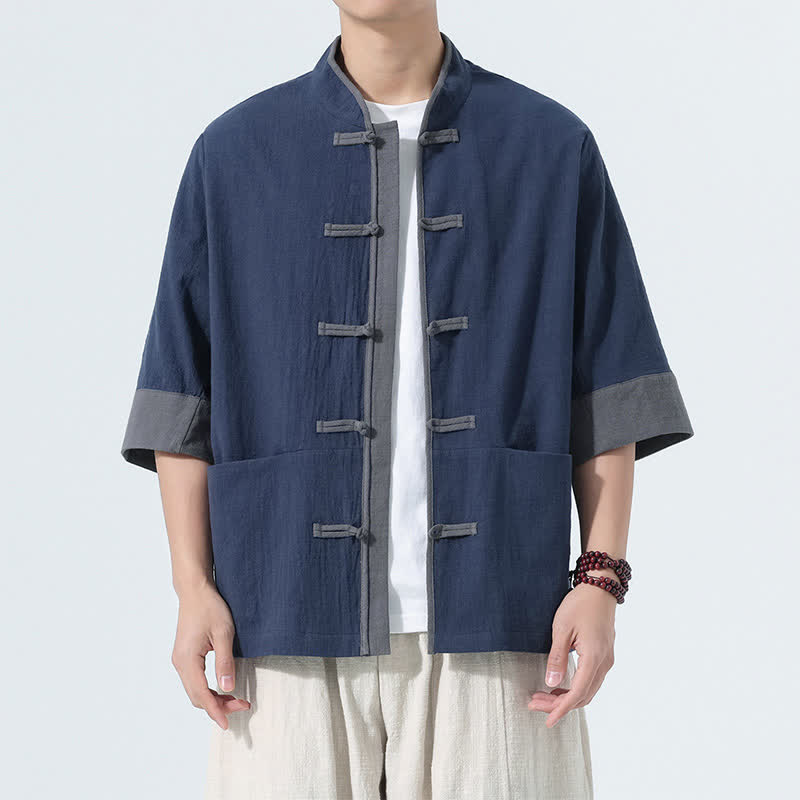 Buddha Stones Camisas de manga corta de algodón liso para hombre, estilo Tang, con botones de rana, de verano y bolsillo. - Marina de guerra - US/UK/AU46, EU56 (5XL) - image 0