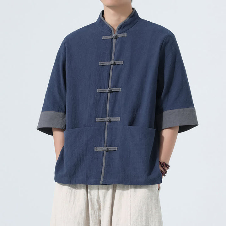 Buddha Stones Camisas de manga corta de algodón liso para hombre, estilo Tang, con botones de rana, de verano y bolsillo. - image 1