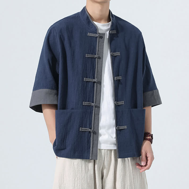 Buddha Stones Camisas de manga corta de algodón liso para hombre, estilo Tang, con botones de rana, de verano y bolsillo. - image 5