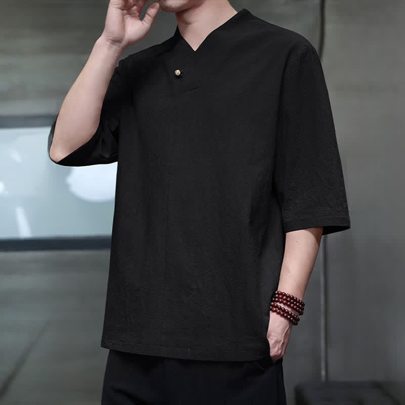 Buddha Stones Camisas de manga corta para hombre, estilo Tang casual de verano, con cuello mandarín y color liso. - image 14