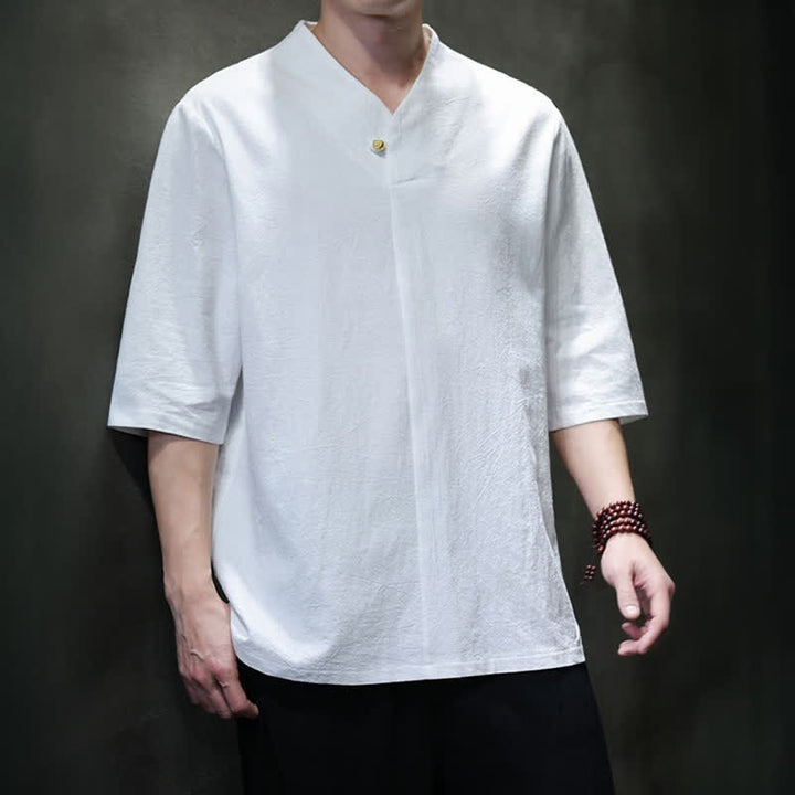 Buddha Stones Camisas de manga corta para hombre, estilo Tang casual de verano, con cuello mandarín y color liso. - image 22