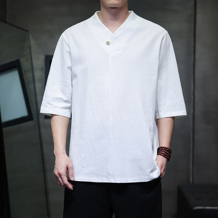 Buddha Stones Camisas de manga corta para hombre, estilo Tang casual de verano, con cuello mandarín y color liso. - Blanco - US/UK/AU46, EU56 (5XL) - image 18