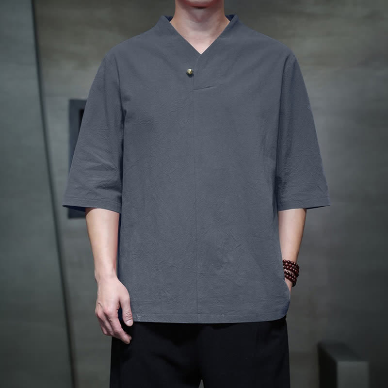 Buddha Stones Camisas de manga corta para hombre, estilo Tang casual de verano, con cuello mandarín y color liso. - image 1