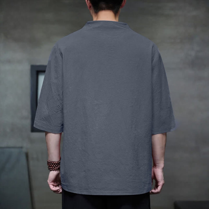 Buddha Stones Camisas de manga corta para hombre, estilo Tang casual de verano, con cuello mandarín y color liso. - image 5