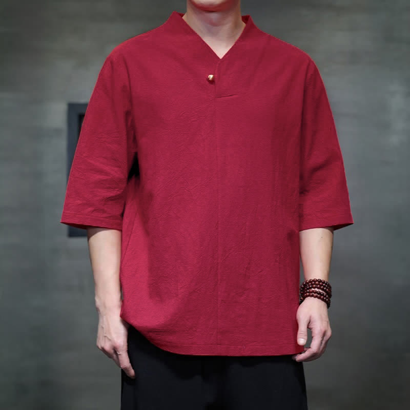 Buddha Stones Camisas de manga corta para hombre, estilo Tang casual de verano, con cuello mandarín y color liso. - image 7