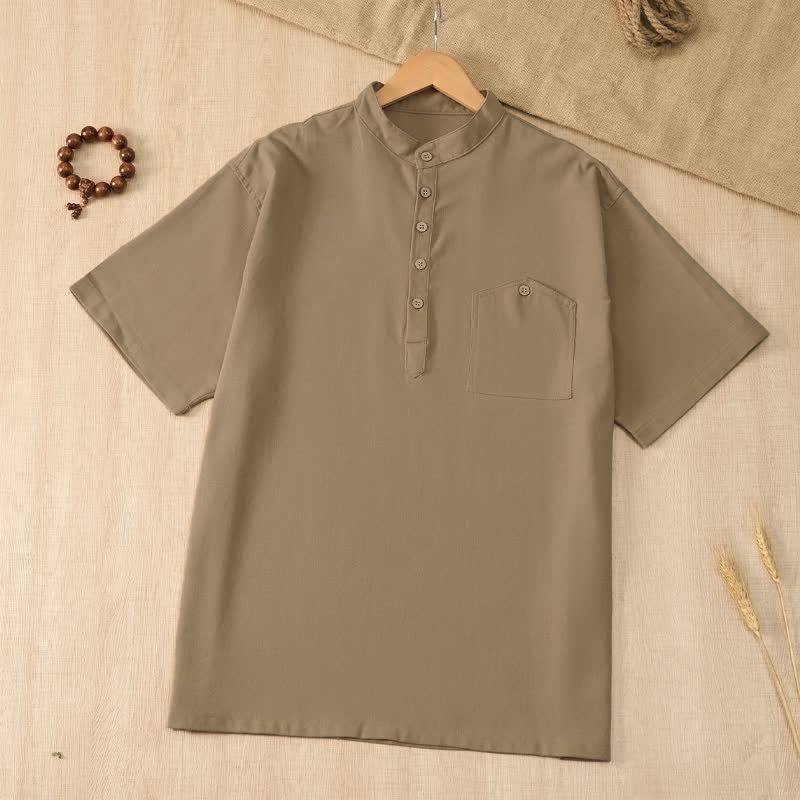 Buddha Stones Camisas de manga corta para hombre de estilo Tang casual de verano con cuello mandarín y bolsillo. - Broncearse - US/UK/AU42, EU52 (3XL) - image 0