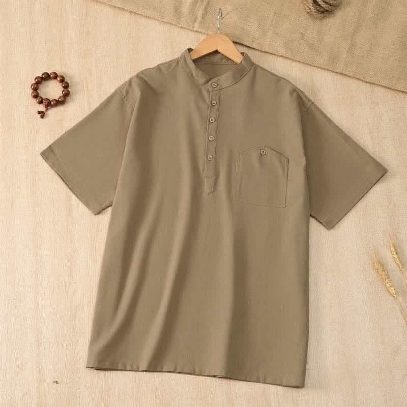 Buddha Stones Camisas de manga corta para hombre de estilo Tang casual de verano con cuello mandarín y bolsillo. - image 3