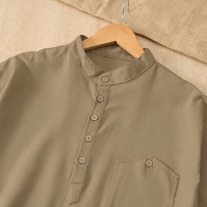 Buddha Stones Camisas de manga corta para hombre de estilo Tang casual de verano con cuello mandarín y bolsillo. - image 4