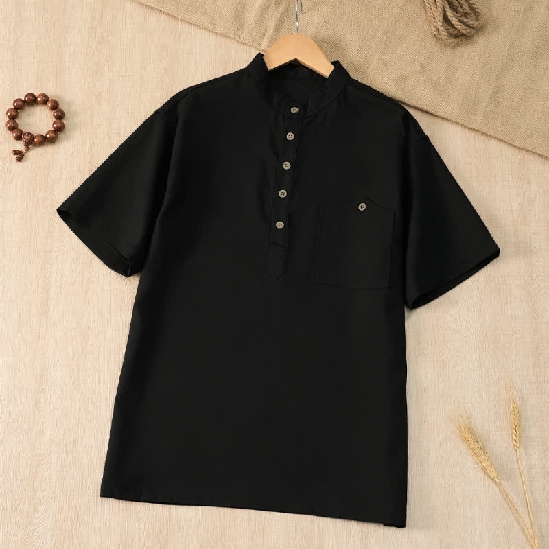 Buddha Stones Camisas de manga corta para hombre de estilo Tang casual de verano con cuello mandarín y bolsillo. - Negro - US/UK/AU42, EU52 (3XL) - image 10