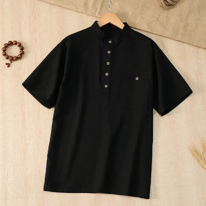 Buddha Stones Camisas de manga corta para hombre de estilo Tang casual de verano con cuello mandarín y bolsillo. - image 12