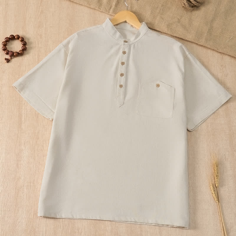 Buddha Stones Camisas de manga corta para hombre de estilo Tang casual de verano con cuello mandarín y bolsillo. - Beige - US/UK/AU42, EU52 (3XL) - image 19