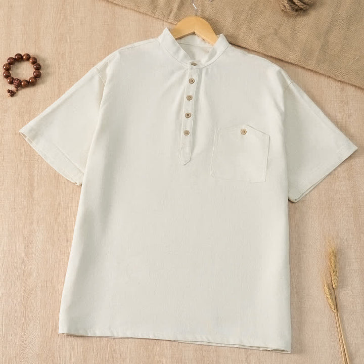 Buddha Stones Camisas de manga corta para hombre de estilo Tang casual de verano con cuello mandarín y bolsillo. - Blanco - US/UK/AU42, EU52 (3XL) - image 27