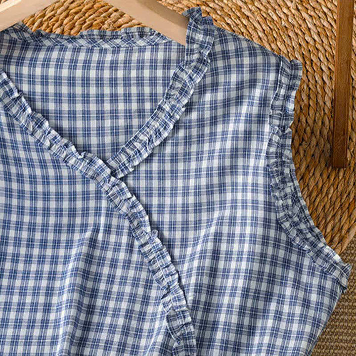 Buddha Stones Camiseta sin mangas de verano informal vintage con volantes y cuello en V a cuadros para mujer. - image 4