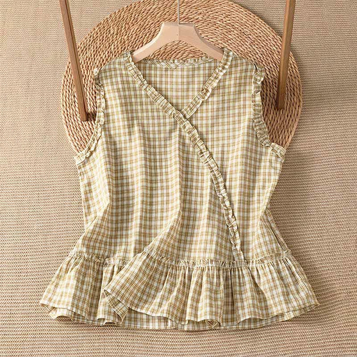 Buddha Stones Camiseta sin mangas de verano informal vintage con volantes y cuello en V a cuadros para mujer. - vara de oro pálida - US6, UK/AU10, EU38 (M) - image 6