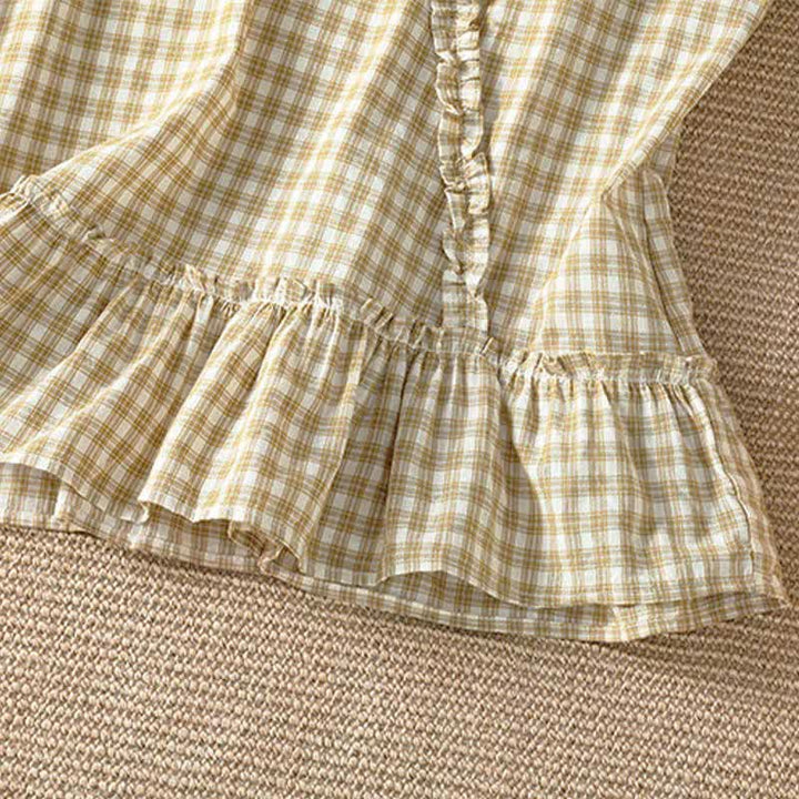Buddha Stones Camiseta sin mangas de verano informal vintage con volantes y cuello en V a cuadros para mujer. - image 12