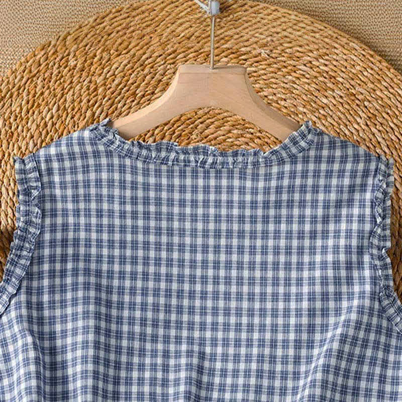 Buddha Stones Camiseta sin mangas de verano informal vintage con volantes y cuello en V a cuadros para mujer. - image 3