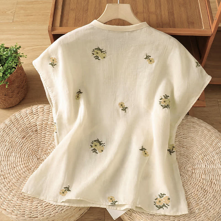 Buddha Stones Camiseta sin mangas de verano estilo Tang con cuello mandarín y bordado floral para mujer. - image 1