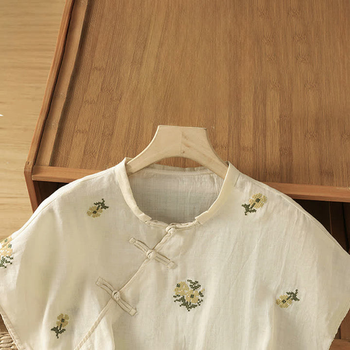 Buddha Stones Camiseta sin mangas de verano estilo Tang con cuello mandarín y bordado floral para mujer. - image 2