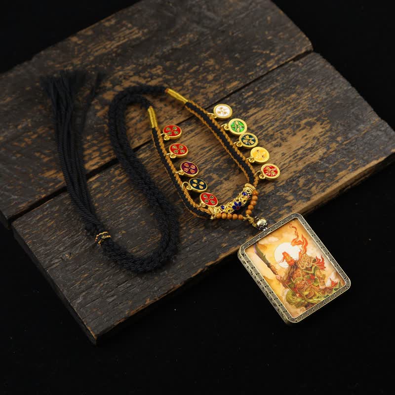 Buddha Stones Collar Thangka con borla trenzada de protección del Señor Guan de Cobre - Thangka de cuerpo entero color naranja del Señor Guan - image 13
