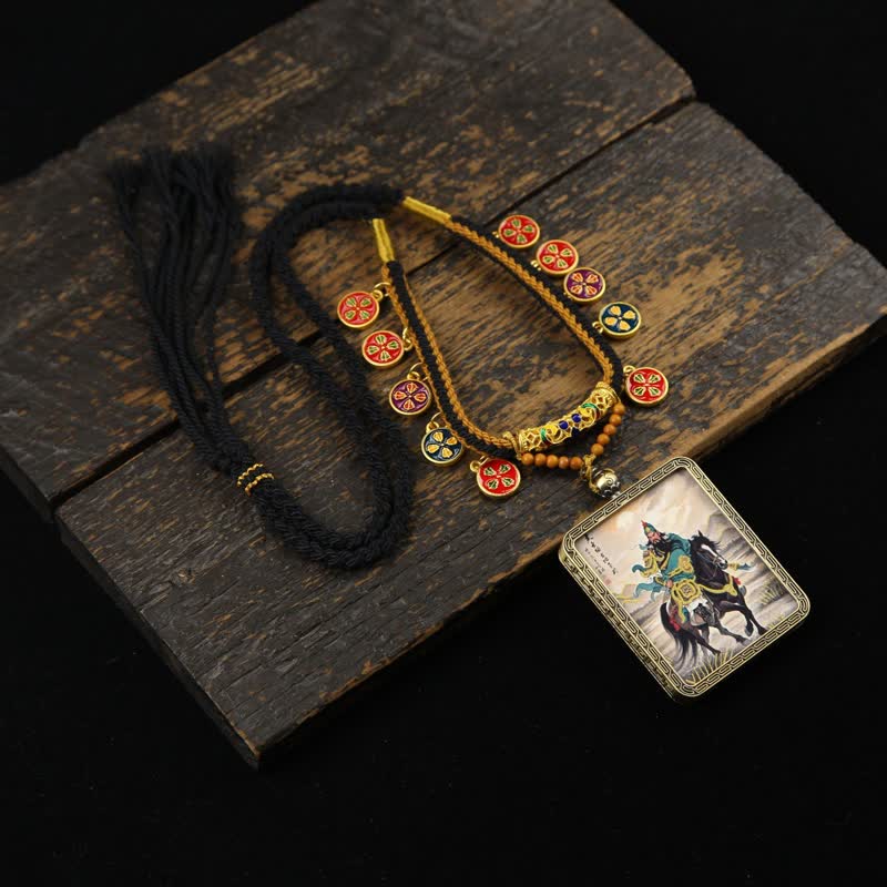 Buddha Stones Collar Thangka con borla trenzada de protección del Señor Guan de Cobre - Señor Guan Thangka montado en caballo verde - image 9