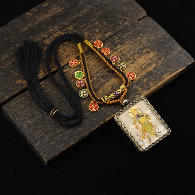 Buddha Stones Collar Thangka con borla trenzada de protección del Señor Guan de Cobre - Thangka amarillo de cuerpo entero del Señor Guan - image 11