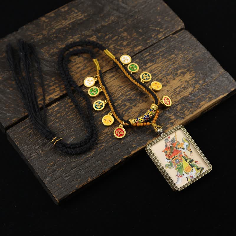 Buddha Stones Collar Thangka con borla trenzada de protección del Señor Guan de Cobre - Thangka multicolor del Señor Guan (versión con sombrero gris) - image 21