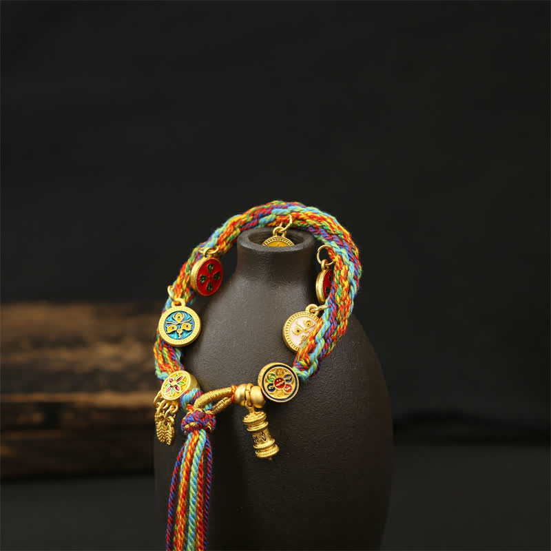 Buddha Stones Pulsera con borla de cuerda trenzada arcoíris Om Mani Padme Hum Sabiduría - image 2