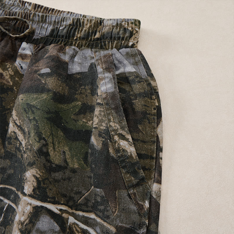 Buddha Stones Pantalones cortos deportivos informales de verano para hombre, con cordón ajustable, estampado de camuflaje de hojas, de algodón y ramio, con bolsillos. - image 4