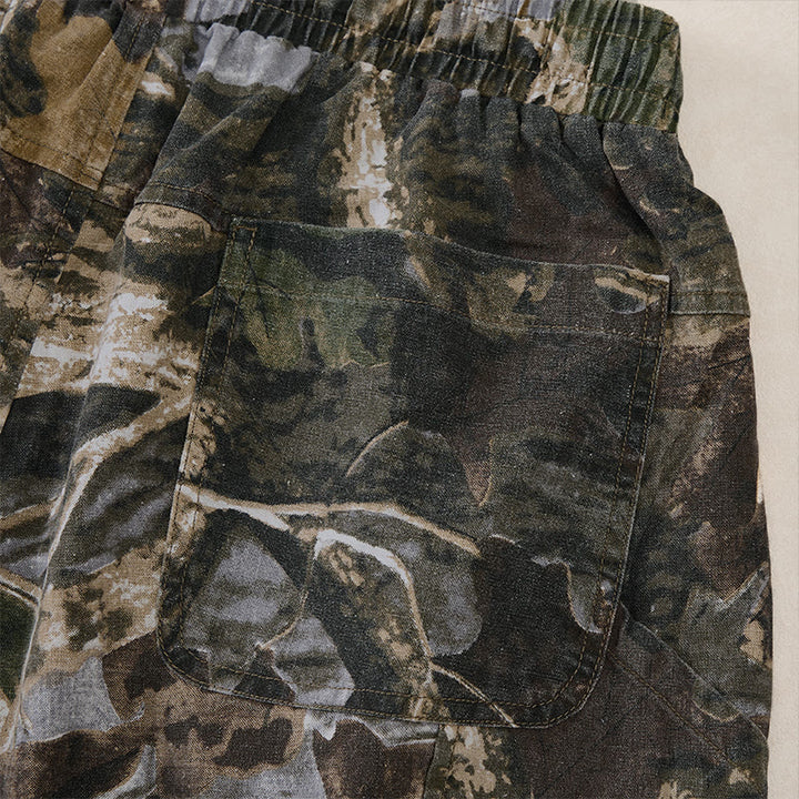 Buddha Stones Pantalones cortos deportivos informales de verano para hombre, con cordón ajustable, estampado de camuflaje de hojas, de algodón y ramio, con bolsillos. - image 5
