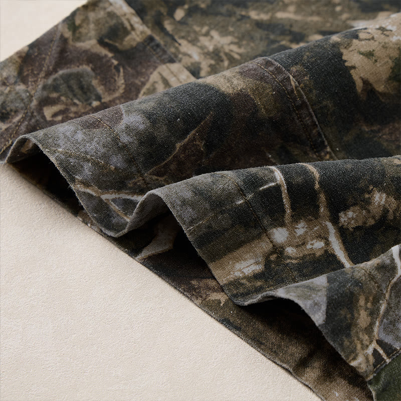 Buddha Stones Pantalones cortos deportivos informales de verano para hombre, con cordón ajustable, estampado de camuflaje de hojas, de algodón y ramio, con bolsillos. - image 8